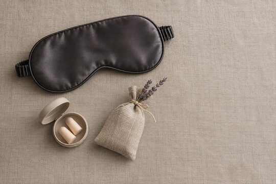 Sleep hygiene kit with silk eye mask earplugs and lavender sachet