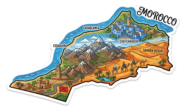 Illustrated die cut sticker map of Morocco featuring landmarks and desert
