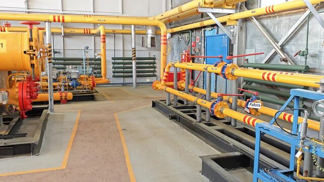 Industrial facility presents dense pipe network around heavy pump assemblies. Yellow and blue equipment sits on raised bases, suggesting managed utility system inside spacious indoor plant room.