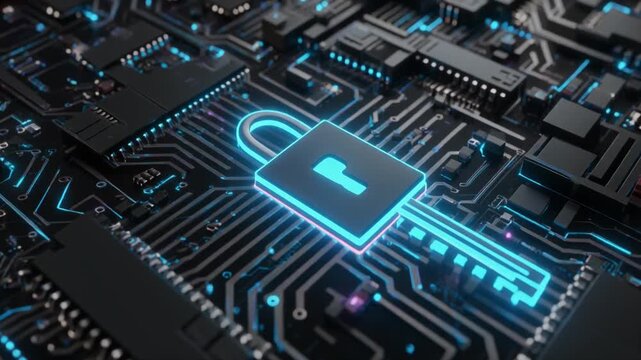 Cyber security concept with a glowing digital padlock on a circuit board background representing data protection