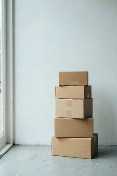 Stack of five plain cardboard parcels on a grey floor beside a bright window