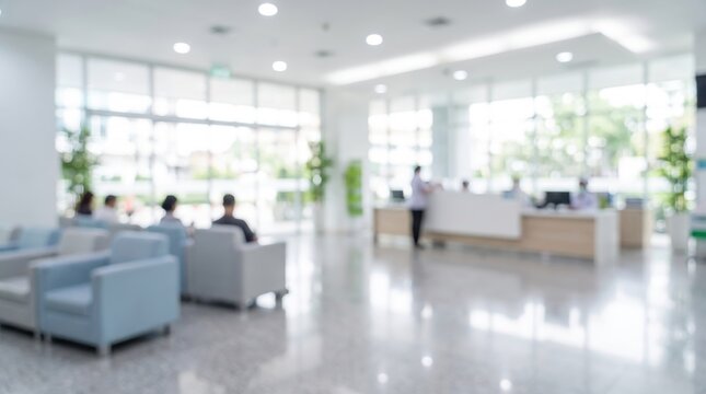 Blurred background image of a modern hospital lobby or clinic reception area featuring waiting patients sitting on chairs, reception desk with staff, large windows, and shiny tiled floors in bright.