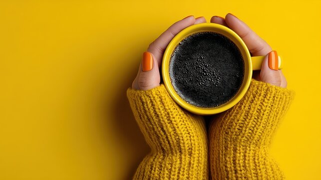 Close-up of hands holding a yellow mug of dark liquid on a matching yellow backdrop