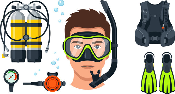 Scuba Diving Equipment and Snorkeling Gear Vector Set Featuring Mask, Snorkel, Oxygen Tanks, BCD Vest, Fins, Regulator, and Pressure Gauge Graphic Designs
