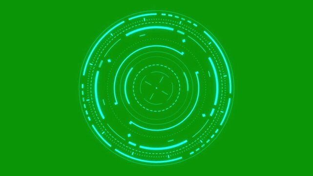 Sci fi HUD circle on green screen, glowing cyan rotating rings and targeting interface with dashes, futuristic UI loop