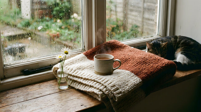 A cup of steaming tea on a knitted blanket near a rainy window sill with a sleeping cat
