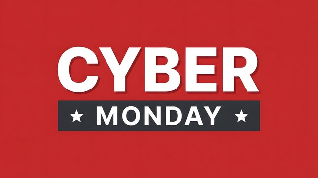 Cyber monday promotional banner with bold white text on a solid red background, featuring a dark grey horizontal bar with star accents