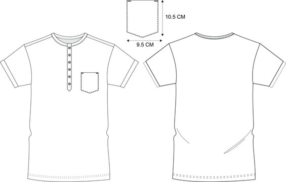 A detailed illustration depicts a short sleeved henley shirt with buttoned placket and chest pocket white background apparel attire casual clothing collar cotton