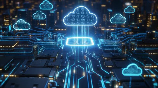 Futuristic cloud computing concept with glowing data streams on a circuit board background symbolizing digital storage
