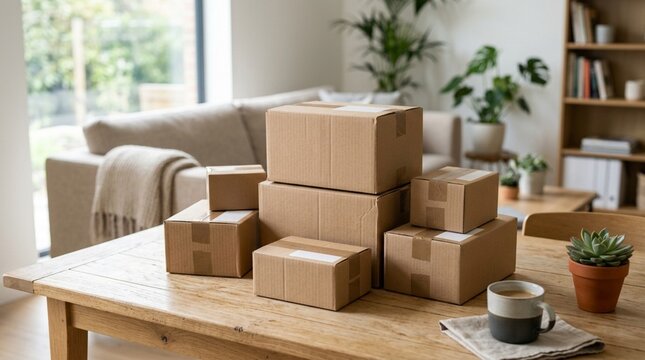Stack of cardboard parcel delivery boxes on wooden living room table, e-commerce shopping and relocation moving house concept