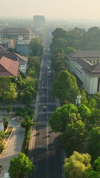Tree lined UGM Boulevard viewed from above in Yogyakarta