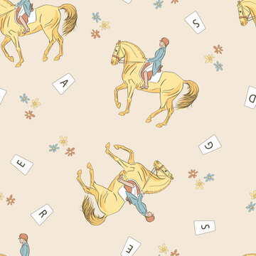 Seamless equestrian pattern with riders on dressage horses, alphabet cards and small flowers on a beige background