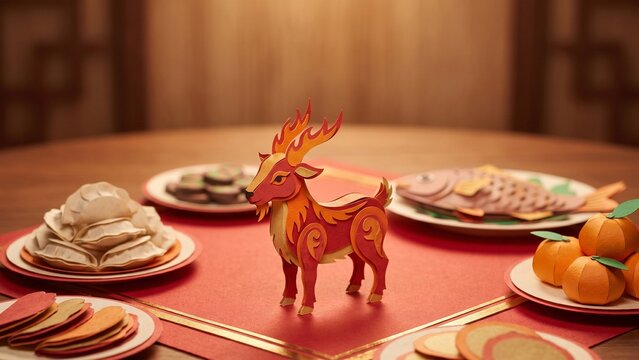 Festive Chinese Lunar New Year celebration featuring paper craft food and a mythical zodiac animal on a traditional red table for luck and prosperity.