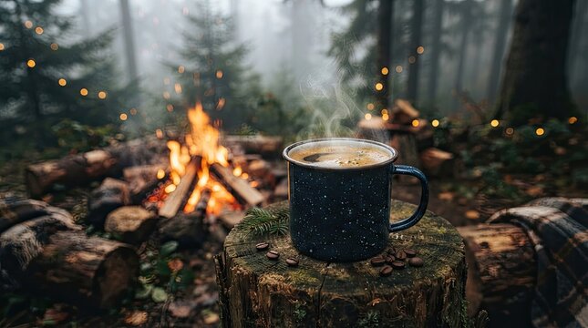 Steaming enamel mug on a tree stump by a campfire in a misty forest