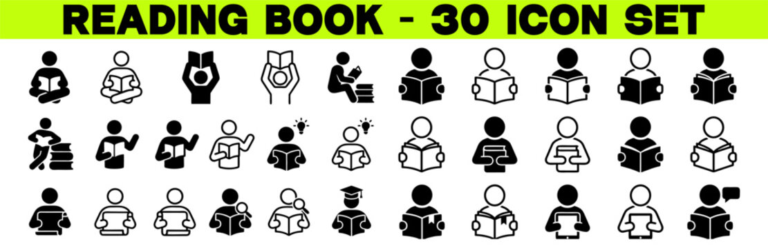 Reading Book Icon Set &ndash; Reader, Education, Learning, and Learn Read Book Symbols on White Background Vector