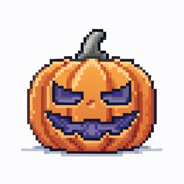 Pixel art Halloween pumpkin illustration with spooky carved face isolated on white background