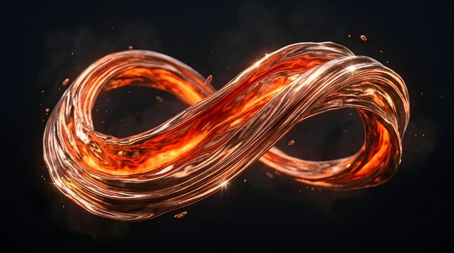 Molten liquid gold forming a continuous glowing infinity symbol with shimmering metallic textures and bright sparks in a dynamic motion