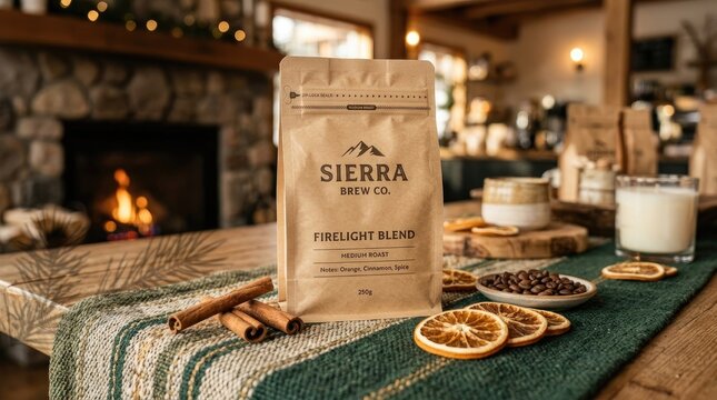 Sierra brew co. firelight blend coffee bag on a rustic wooden table