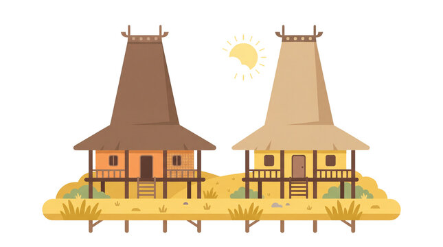 Educational Illustration of Traditional High-Peaked Sumba Houses in Savannah