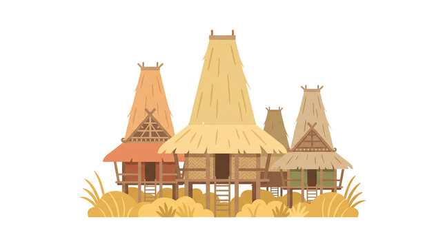 Educational Vector Illustration of Traditional Sumba Uma Houses in Savannah