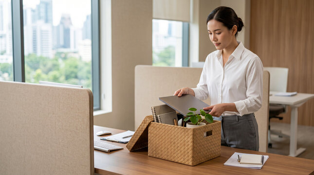 Leaving the Office: A woman packs her belongings into a box, signifying a departure from her workplace. The scene is set in a modern office environment with a cityscape visible through the window.