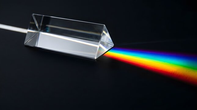 Clear glass triangular prism refracting light into vibrant rainbow spectrum