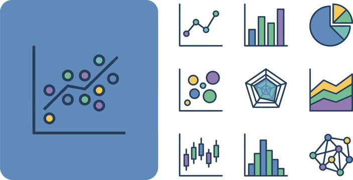Flat design icon set of various data charts including scatter plot, bar graph, pie chart, and network diagram.