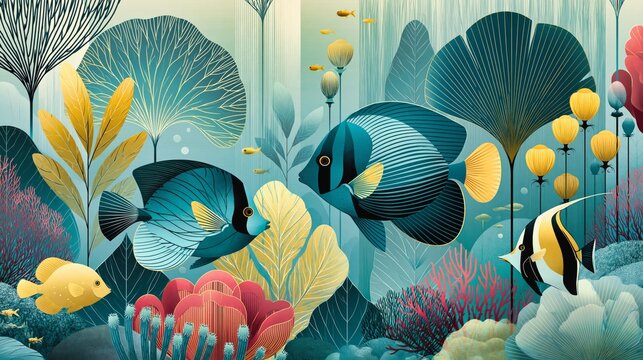 Elegant Reef Tableau With Tropical Fish Coral Blossoms With Teal Space