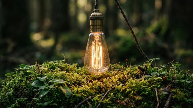 Vintage edison light bulb emitting warm glow sitting on forest moss with filament electricity environment woodland