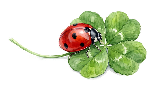 Watercolor ladybug on four leaf clover isolated on white background