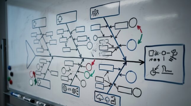 case study research business analysis problem solving Fishbone diagram drawn on a whiteboard illustrating cause and effect analysis.