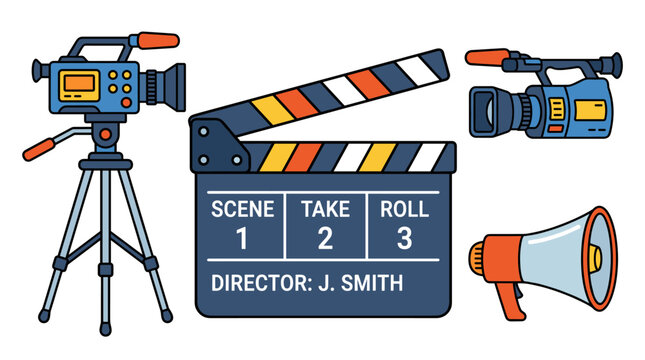 Professional movie production and filmmaking equipment icon set