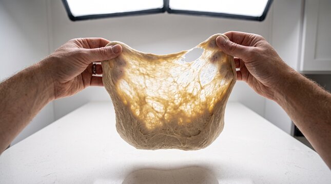Baker stretching sourdough bread dough to test gluten development in a kitchen