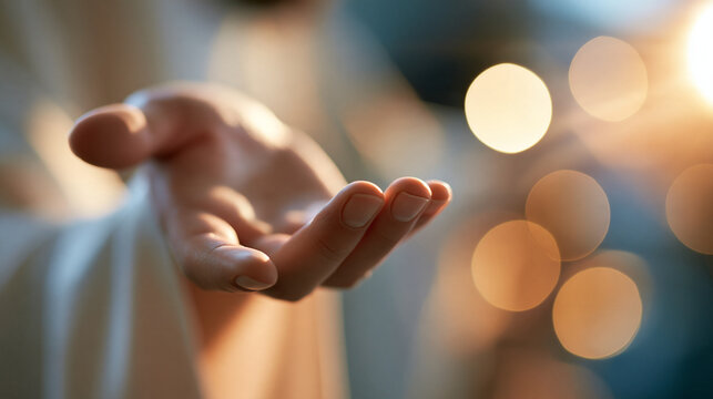 A divine figure extending his hand in a gesture of help, compassion and spiritual guidance concept, with copy space