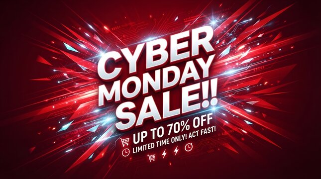 Cyber monday sale banner with red explosive background and dynamic light effects