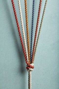 Six coloured ropes spliced into one thick rope against a sage green wall