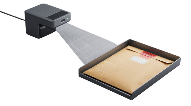 Industrial laser barcode scanner scanning a shipping envelope, automated logistics parcel tracking technology, smart warehouse sorting system on white background