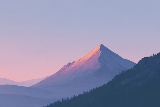 A majestic mountain with a pink sky in the background surrounded by trees on the right side. the mountain appears to be mount rainier with its peak reaching up towards the sky.
