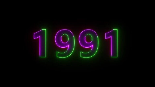  Neon Glowing Numbers 1991 Animation on Black Background.