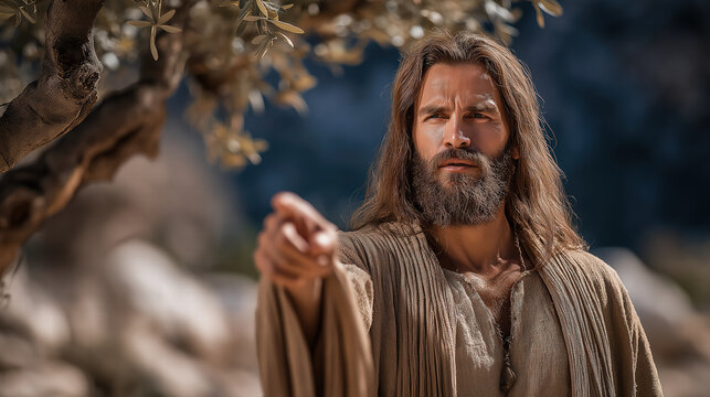 Jesus cursing the barren fig tree in an ancient biblical scene symbolizing faith, fruitfulness, and spiritual teaching