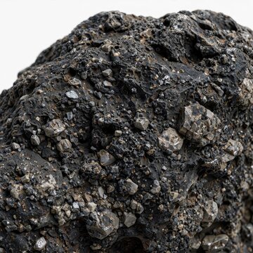 Close-up of a dark, textured igneous rock with visible mineral inclusions.