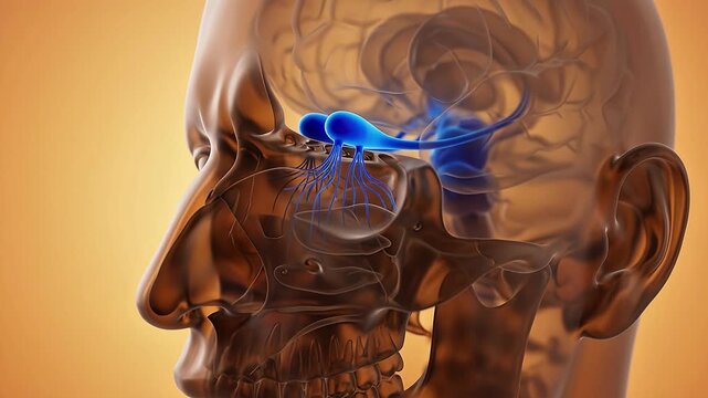 3D medical illustration of the human olfactory system highlighting the olfactory bulb and nerves responsible for the sense of smell in a transparent head model