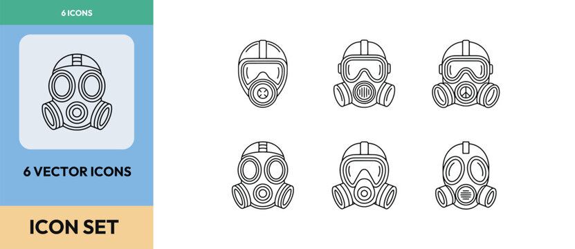 Gas mask vector icon set featuring safety respirator equipment and hazardous protection gear
