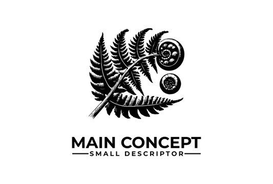 Black and white hand drawn illustration of a fern frond with a koru spiral.