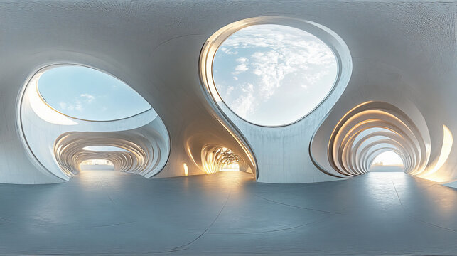 360 degree panorama view.A 3D image shows the inside of a modern tunnel.  It has a round skylight and soft lighting, giving a 360-degree view.