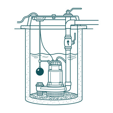 Sump pump system schematic outline vector illustration showing float switch set.