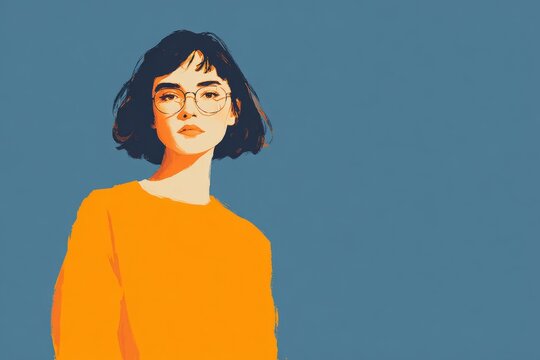 A woman wearing glasses and an orange sweater against a blue background. she has a determined expression on her face as if she is ready to take on whatever challenge lies ahead.