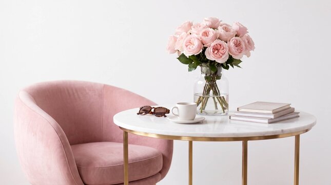 Pink Roses on Marble Table with Velvet Chair Home Decor