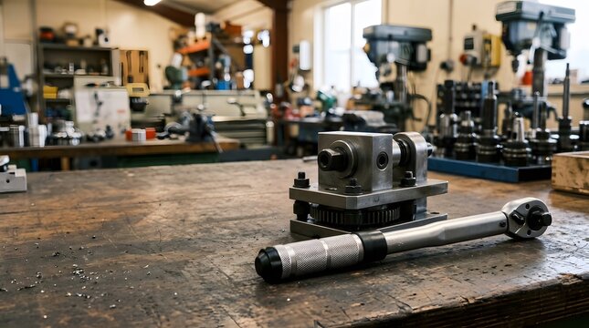 precision torque wrench beside calibration fixture for mechanical assembly, fastening accuracy, industrial maintenance and quality control