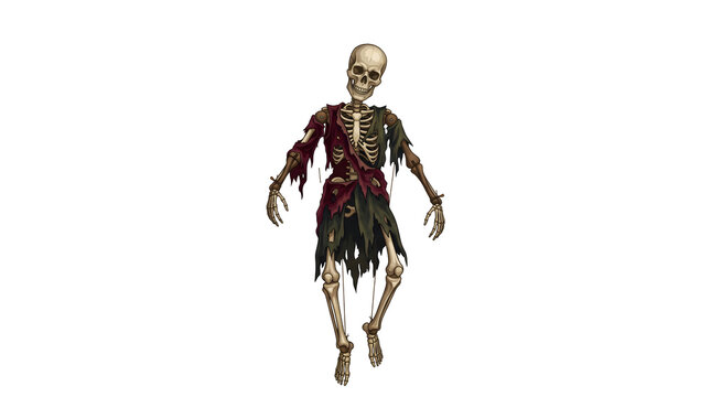 Creepy puppet skeleton in tattered dark robes isolated on transparent background for grim reaper halloween concept and fantasy game character design.